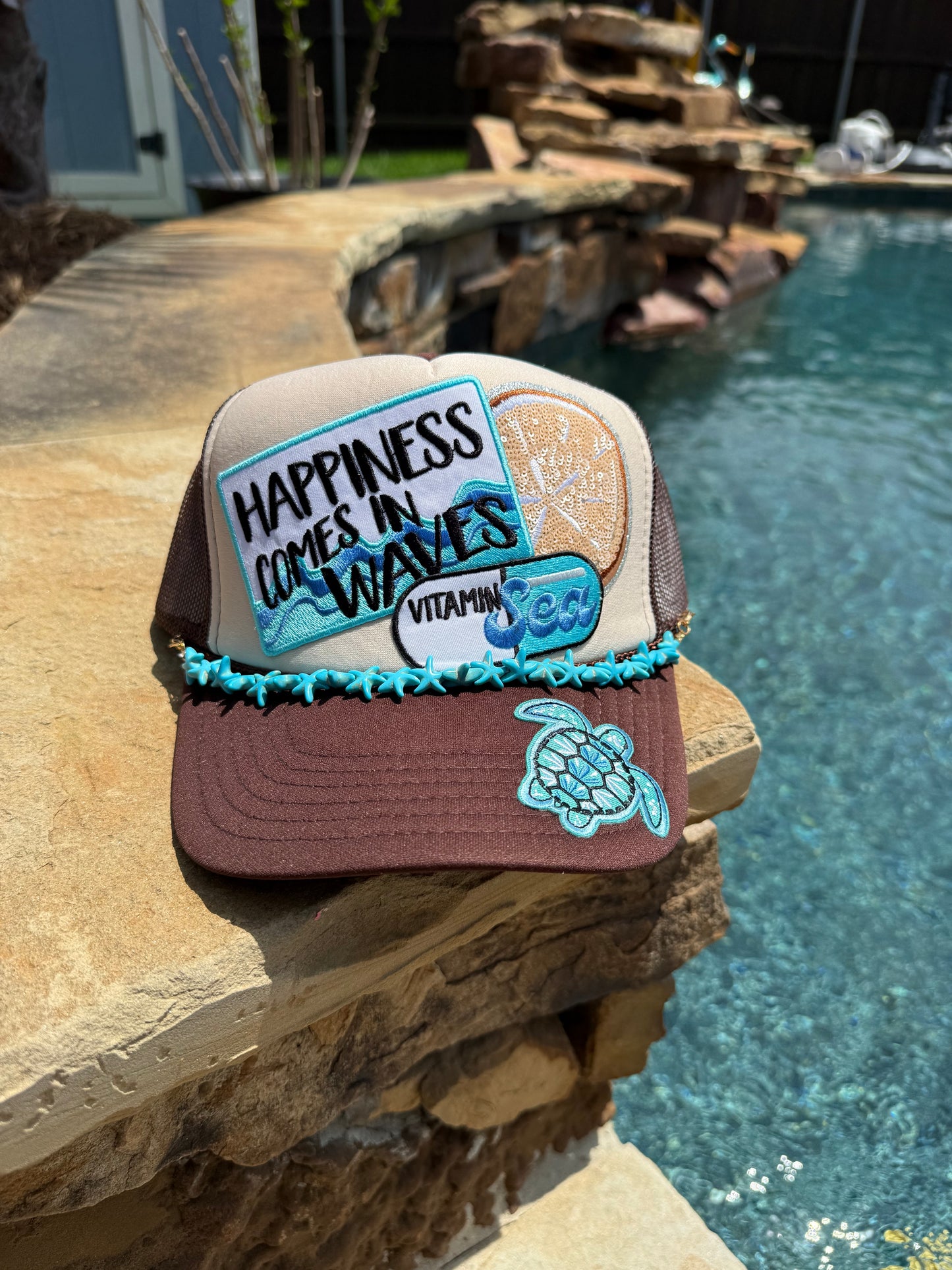 Happiness Comes In Waves Beach Cap