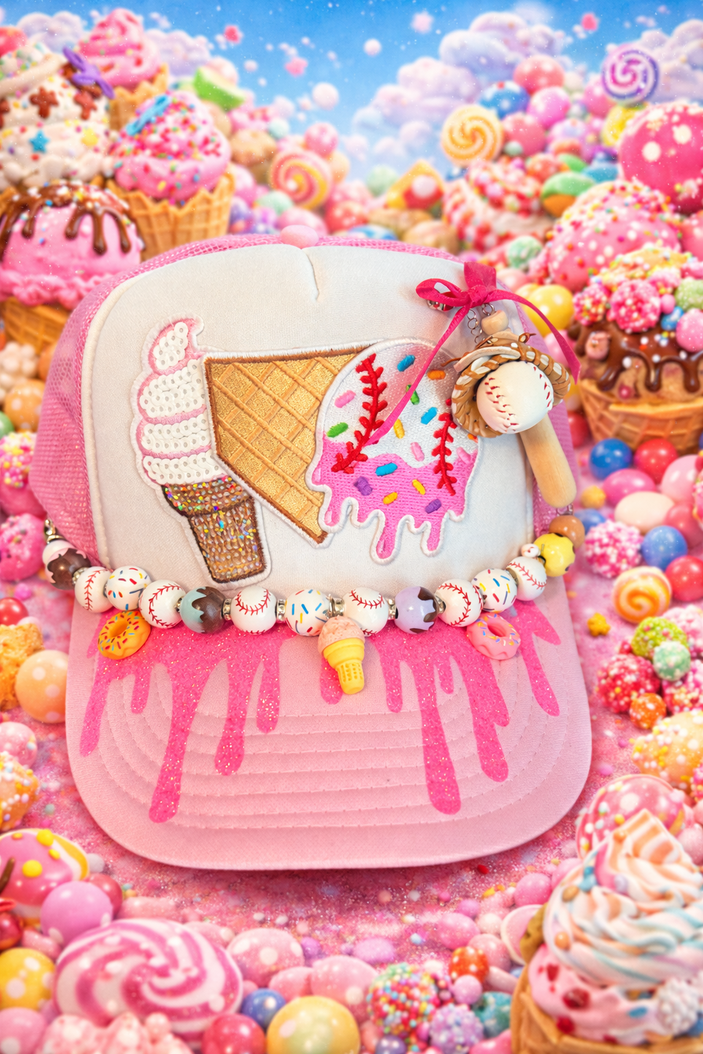 Pink & White Baseball Drip Cap