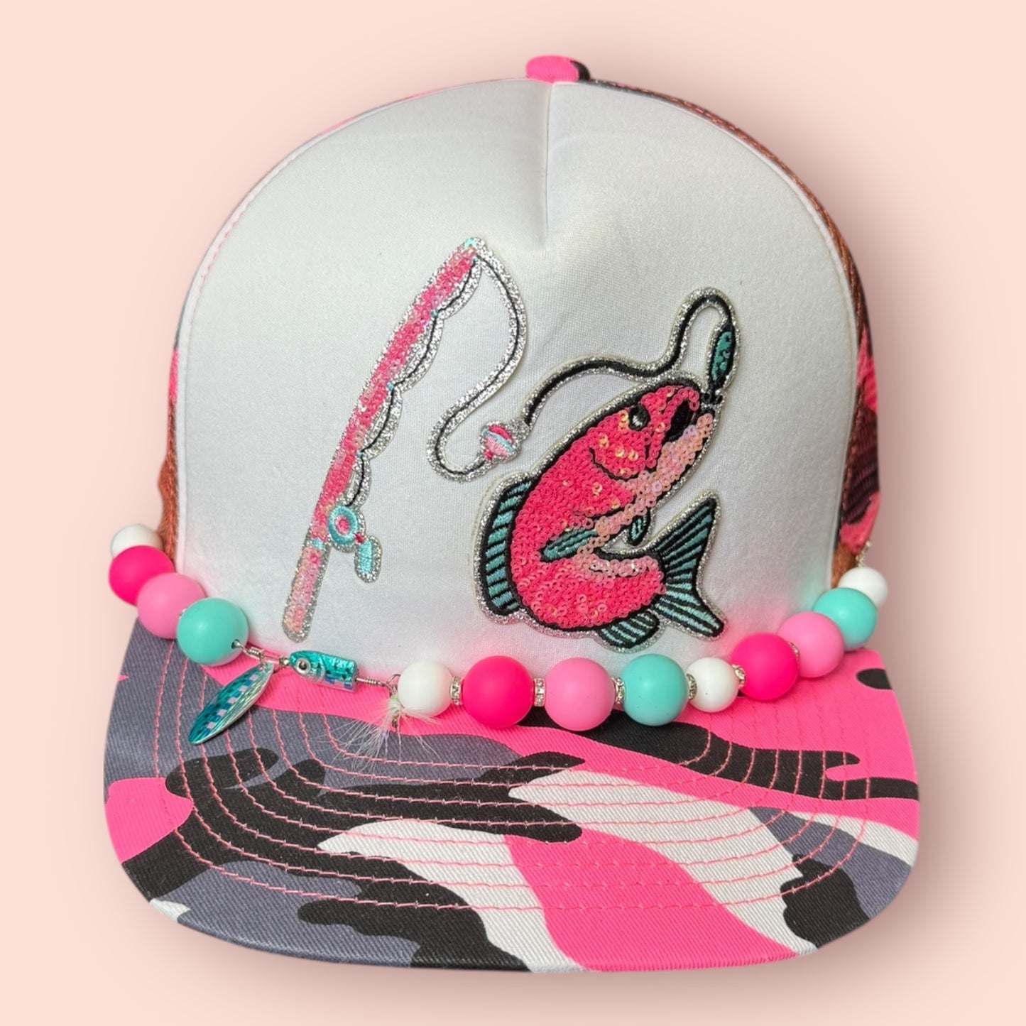 Pink Camo & White Blingy Pink Fish and Reel Cap