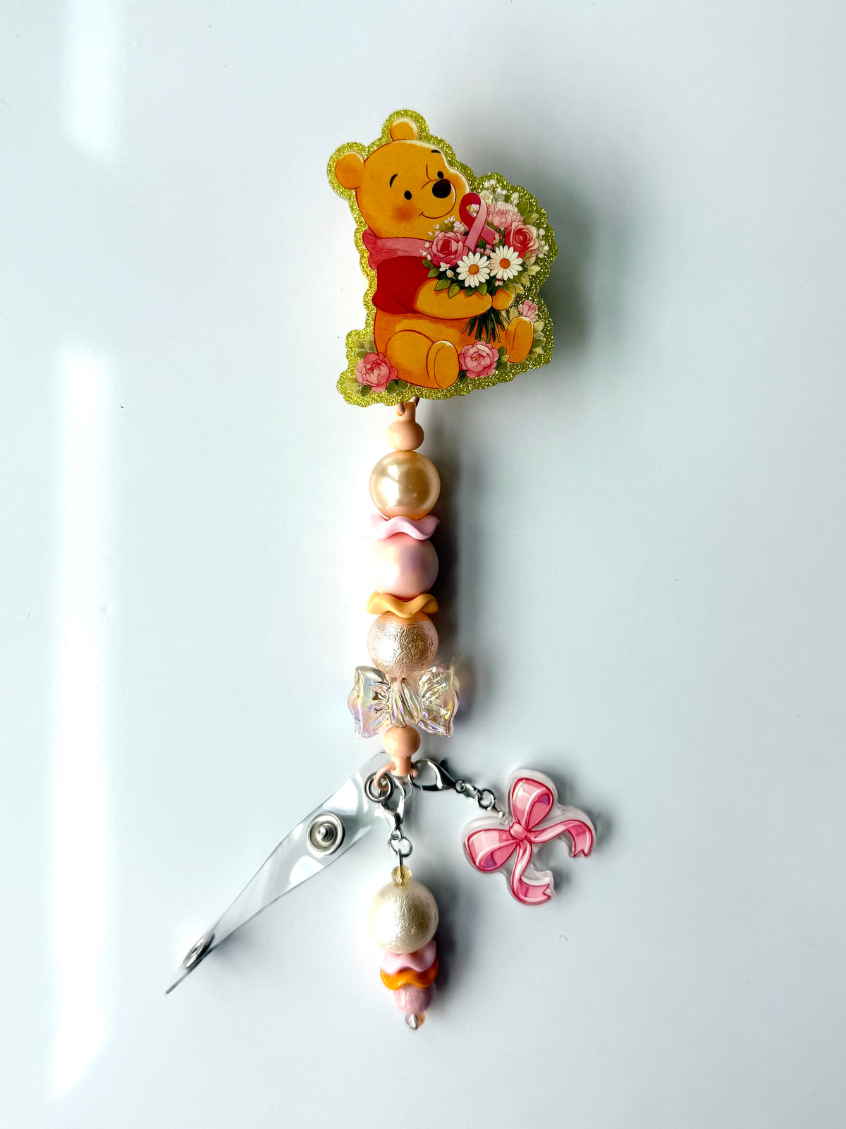 Breast Cancer Pooh Bear Beaded Interchangeable Badge Reel (Copy)