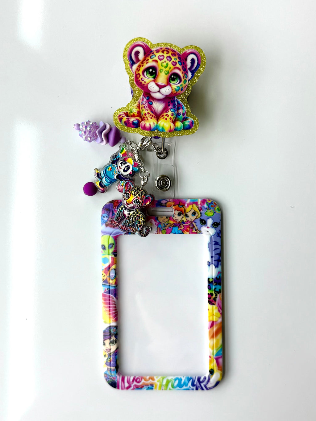 90s Rainbow Cheetah Charmed Badge Reel with ID Holder