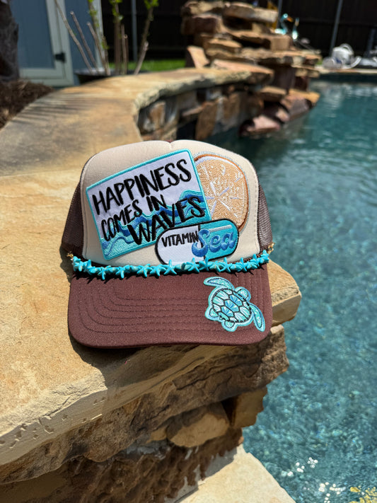 Happiness Comes In Waves Beach Cap