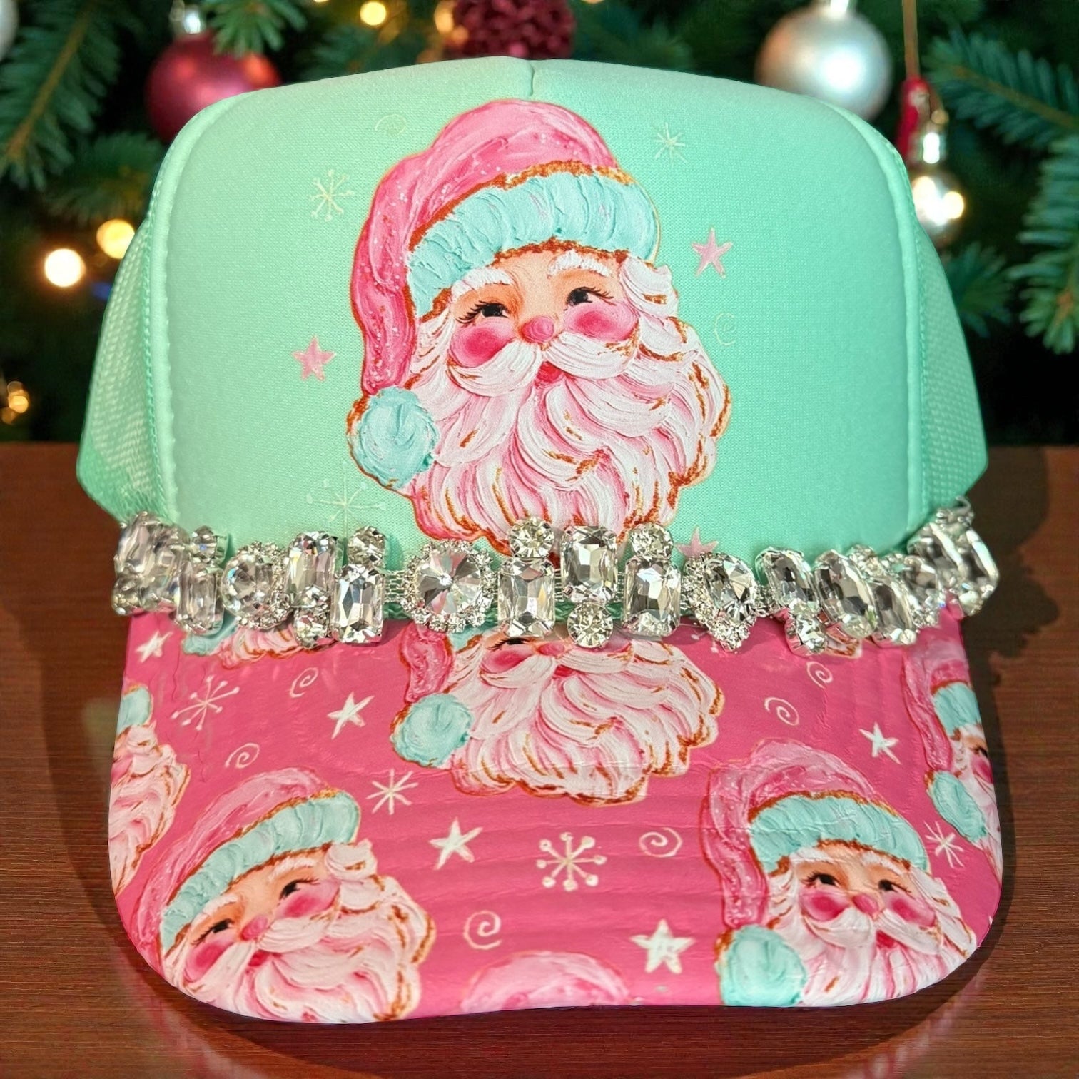 Pink & Teal Santa Christmas Cap