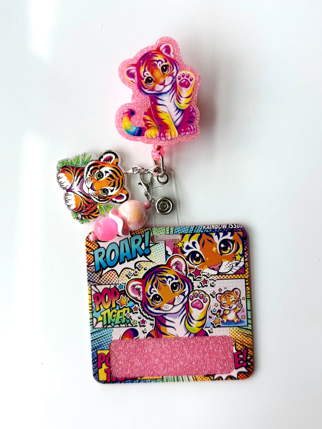 90s Rainbow Pink Tiger Interchangeable Badge Reel Buddy