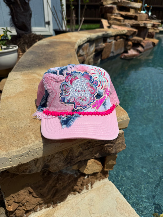 God Bless America Pink Denim Patch Cap