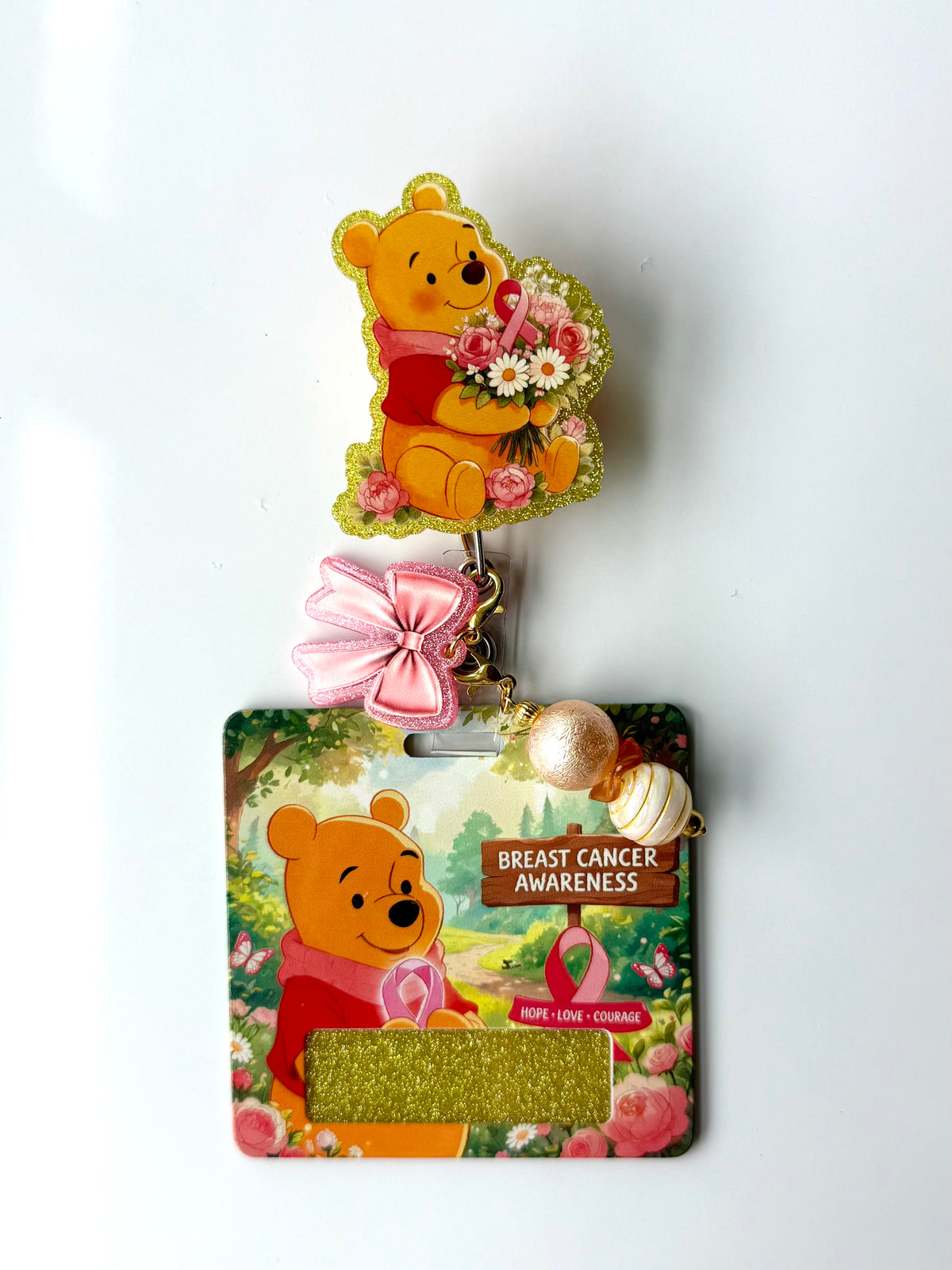 Breast Cancer Pooh Bear Awareness Interchangeable Badge Reel Buddy