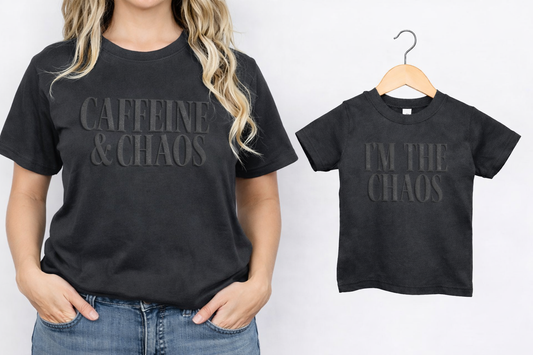 Caffeine & Chaos Mom & Mini Black T-Shirt