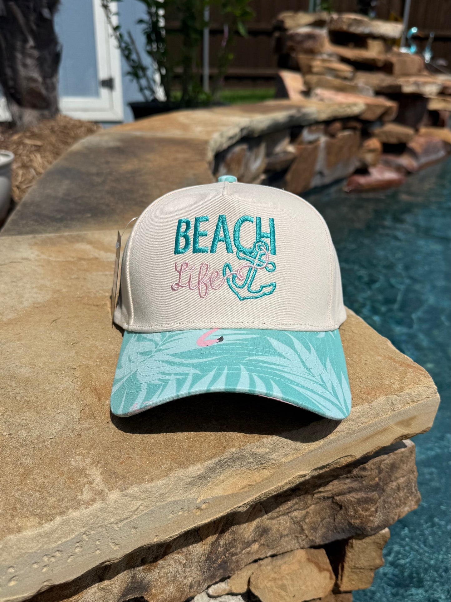 Beach Life Embroidered Cap with palm lead lid