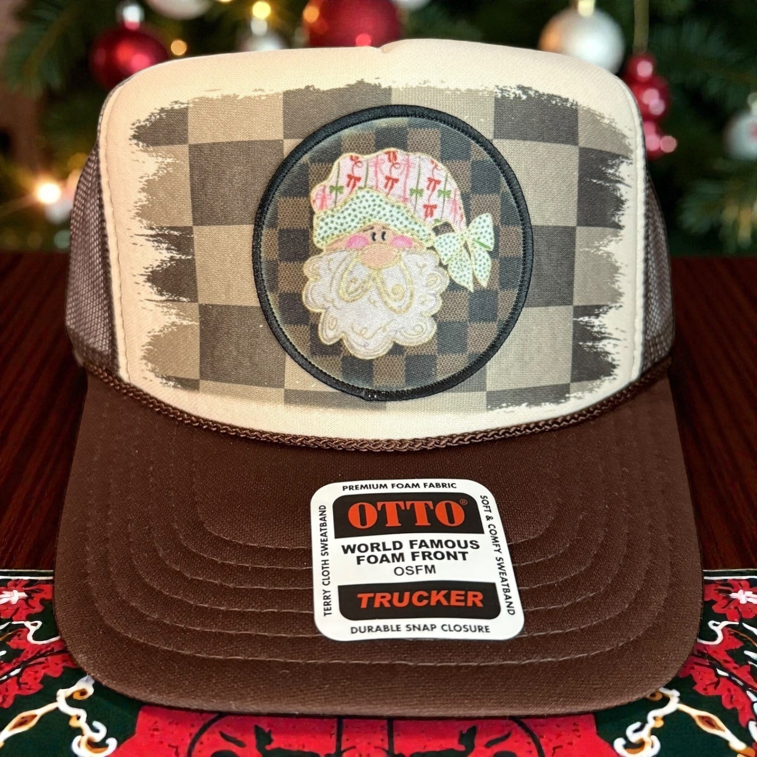 Brown and Beige Checkered Santa Hat