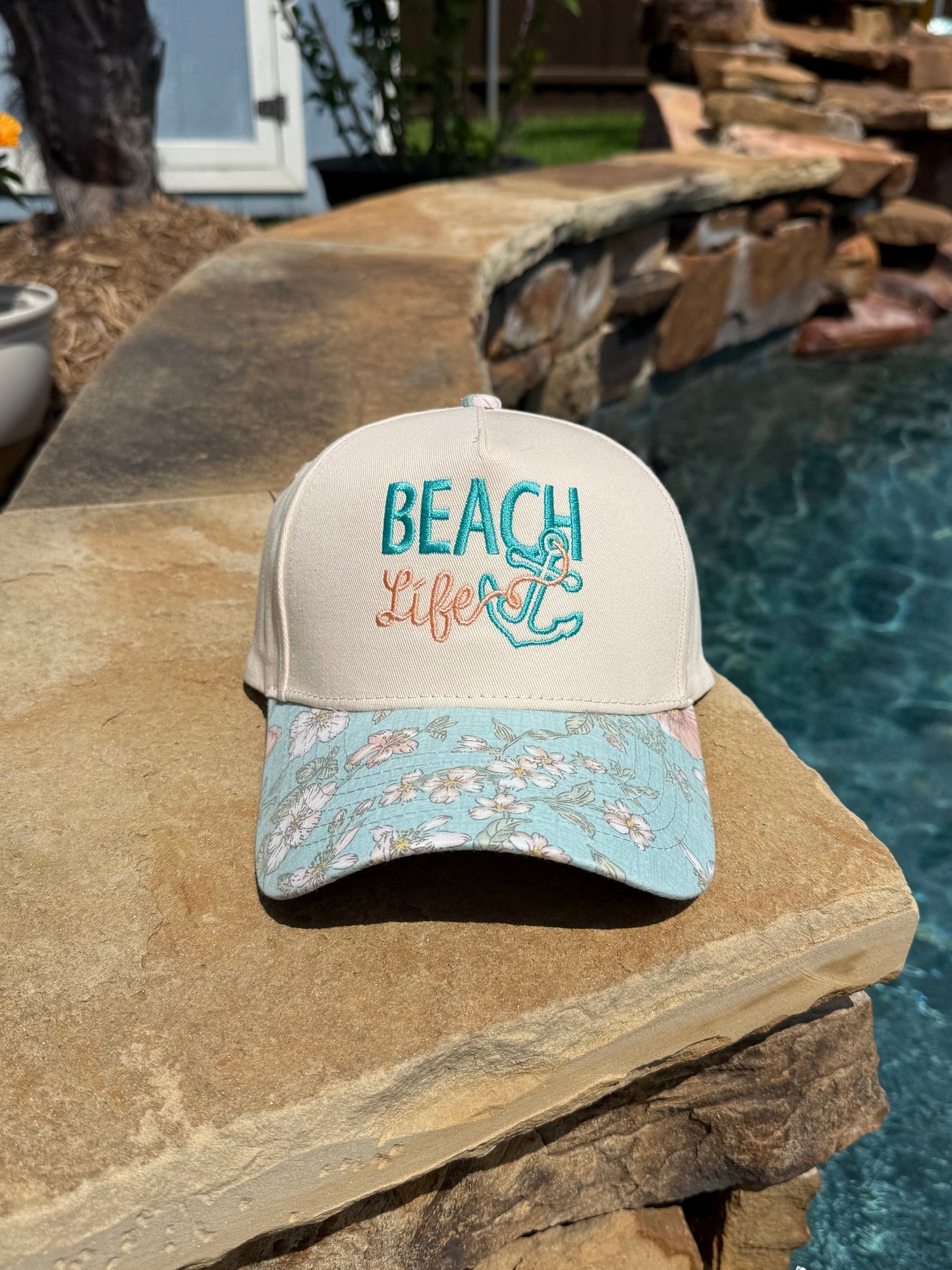 Beach Life Embroidered Cap with Floral Lid