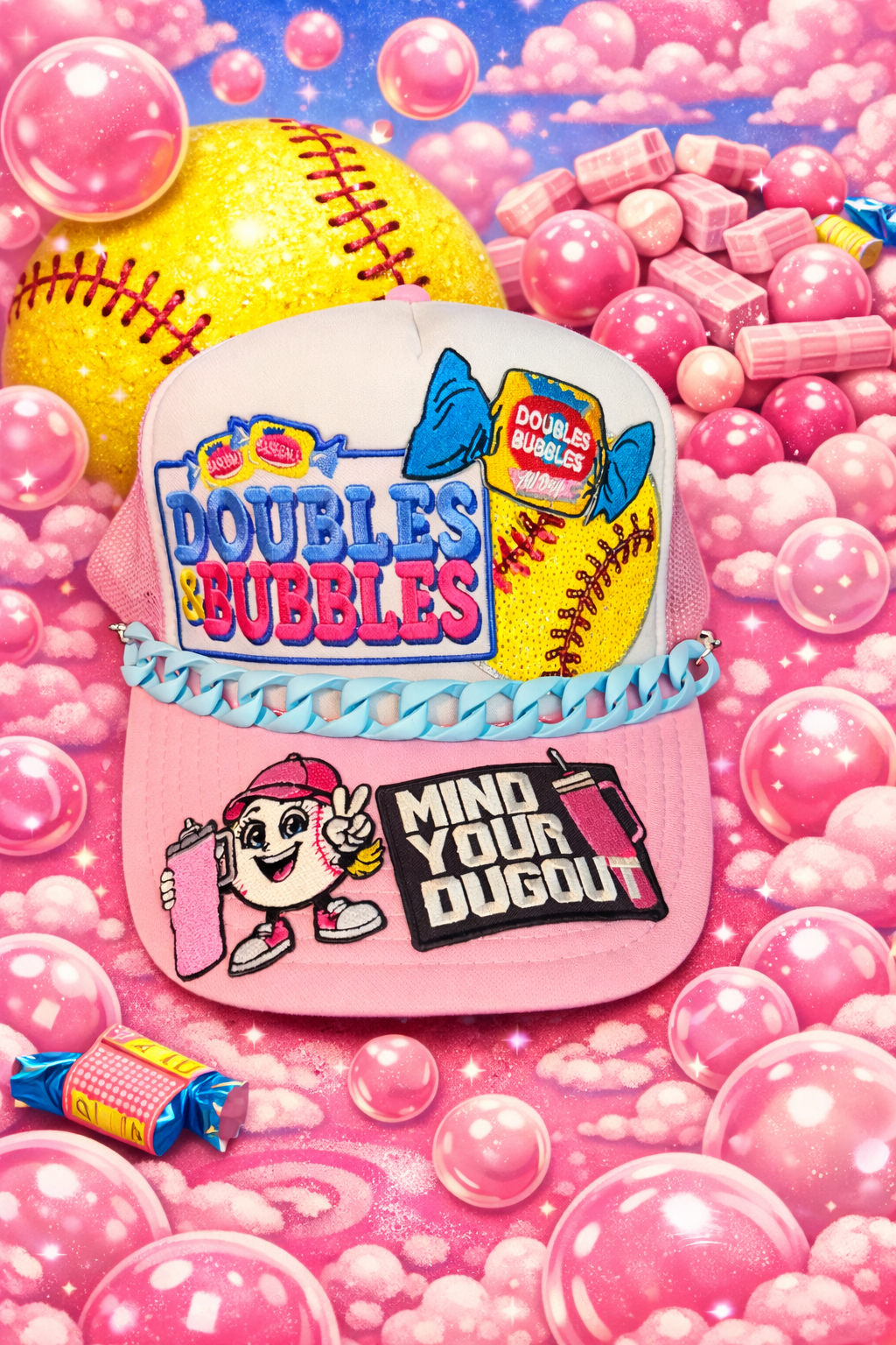 Pink & White Doubles & Bubbles Softball Cap