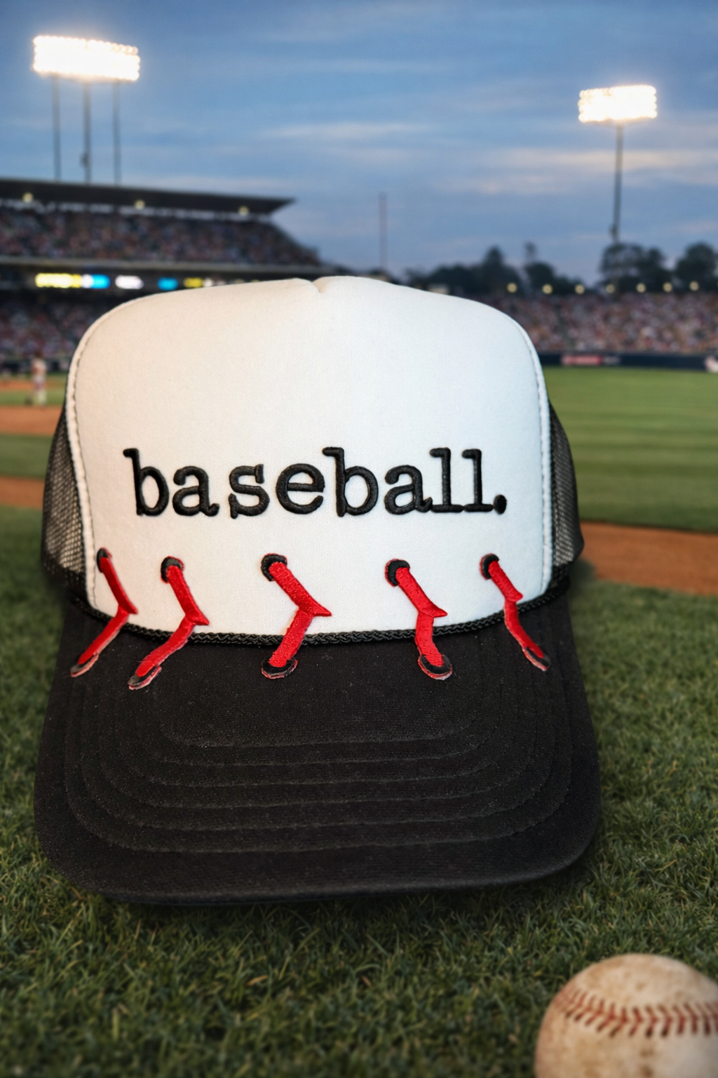 Black & White Baseball w/Embroidery Stitch Baseball Cap