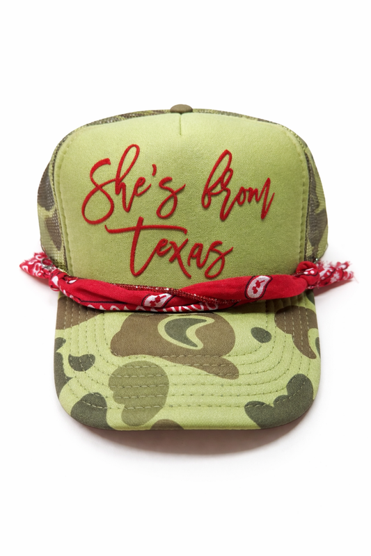 Olive Camo & Red Print She's from Texas Cap