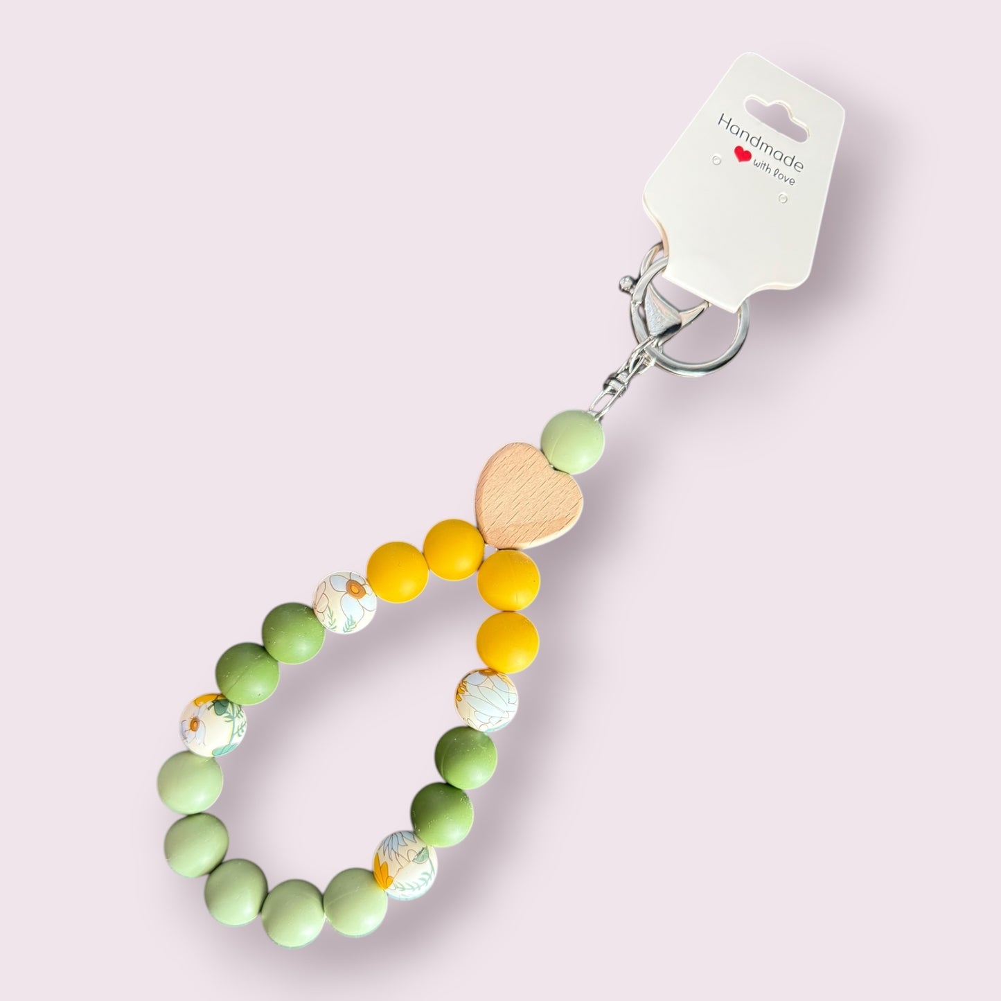 Wooden Heart & Daisy Teardrop Wristlet Keychain