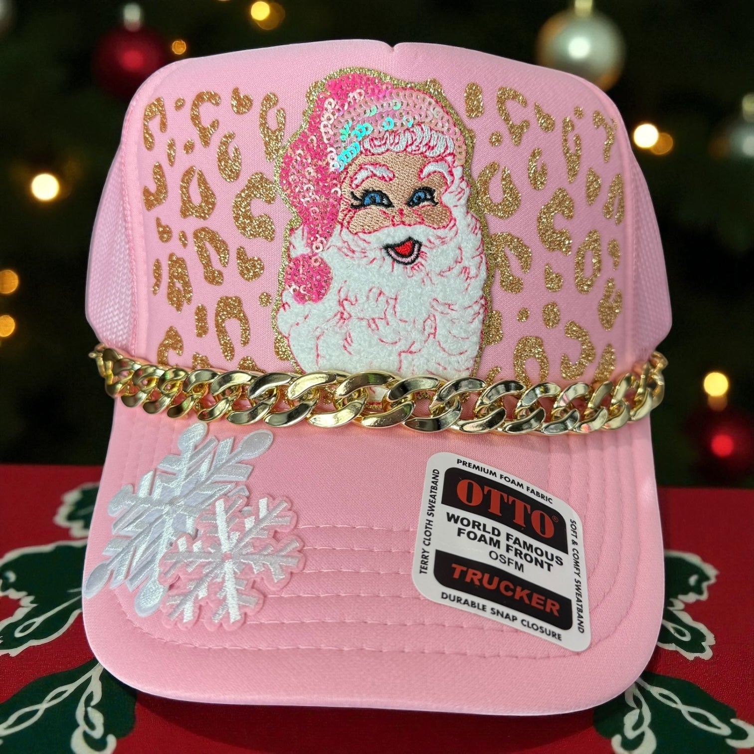 Pink and Gold Leopard Print Santa Christmas Cap