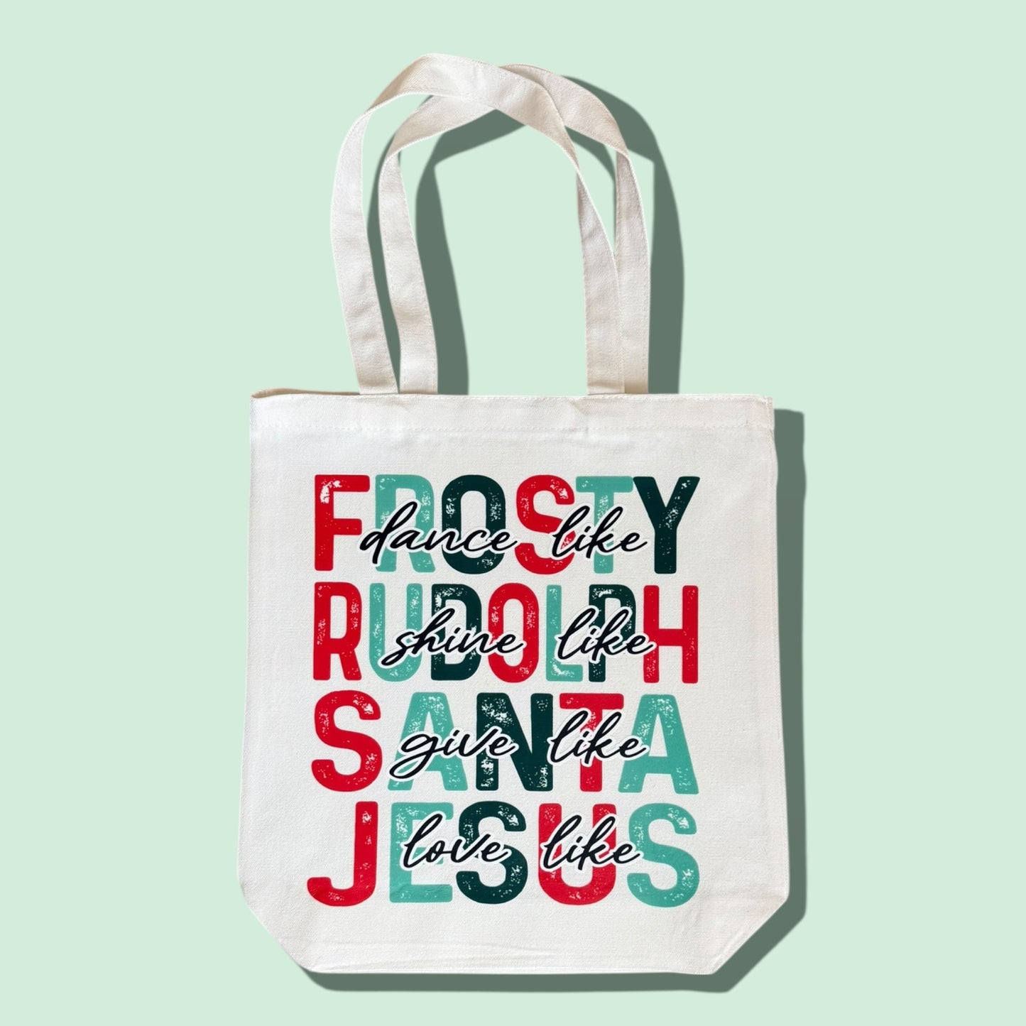 Frosty, Rudolph, Santa, Jesus Tote