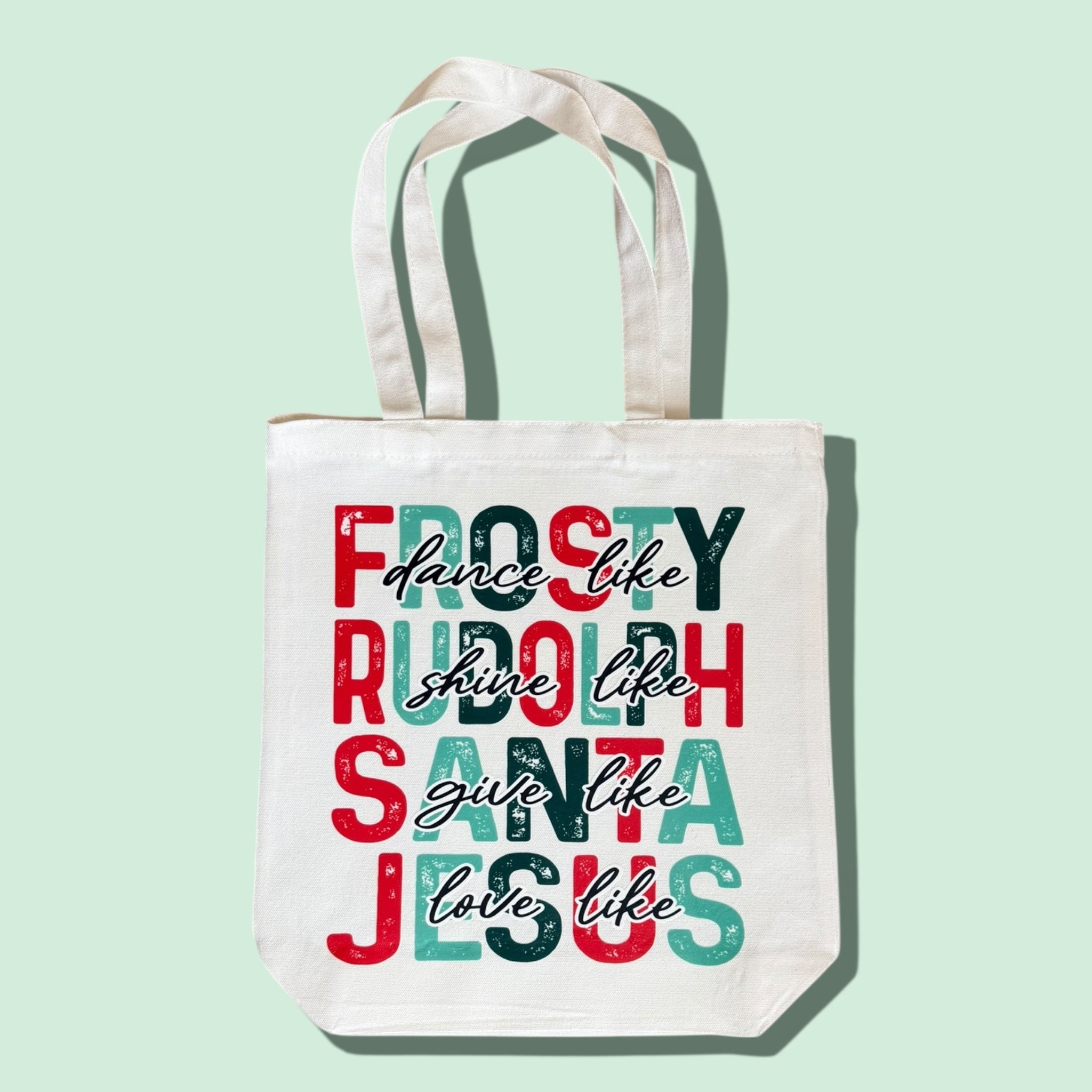 Frosty, Rudolph, Santa, Jesus Tote