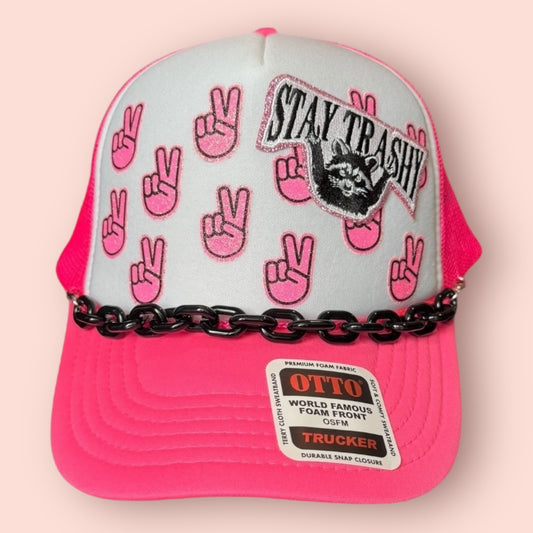 Neon Pink & White Stay Trashy Raccoon Cap