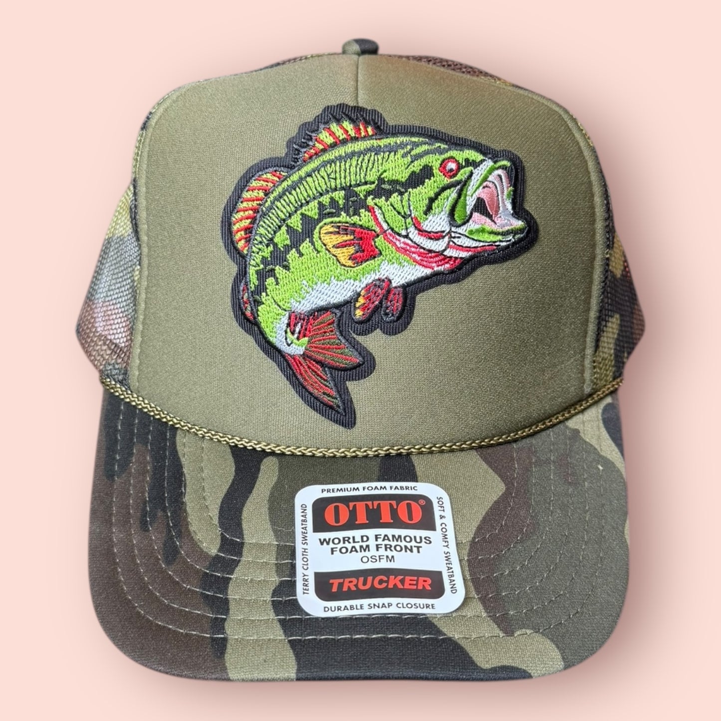 Green Camo Colorful Big Mouth Bass Fish Cap