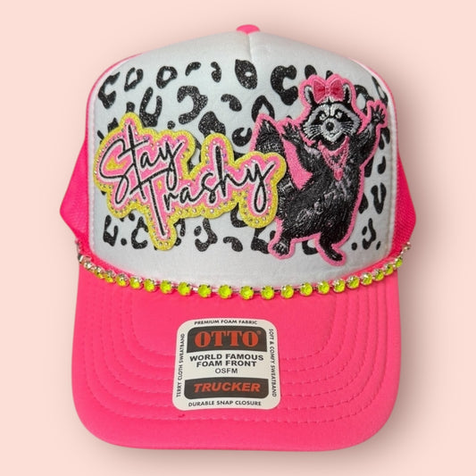Neon Pink & White with Black Cheetah Print Stay Trashy Raccoon Cap