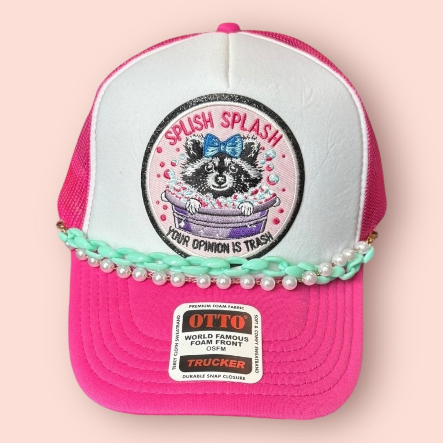 Hot Pink & White Split Splash Your Opinion Is Trash Raccoon Cap