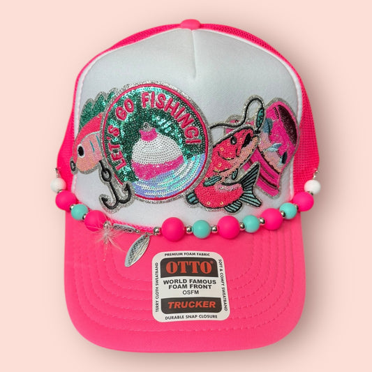 Neon Pink & White Sequined Fishing Theme Cap