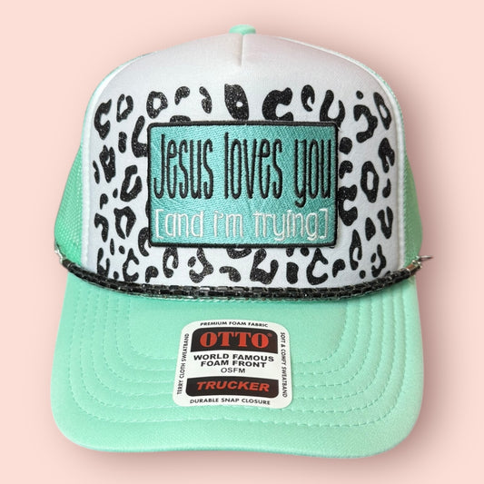 Seafoam & White Jesus Loves You... and I'm Trying Cap