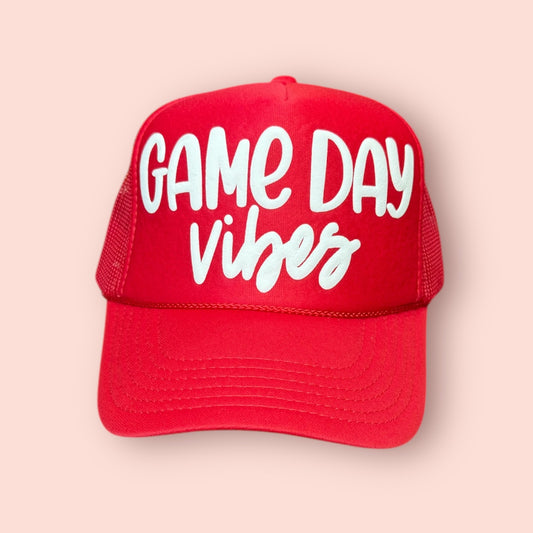 Red with White Puff Game Day Print Cap